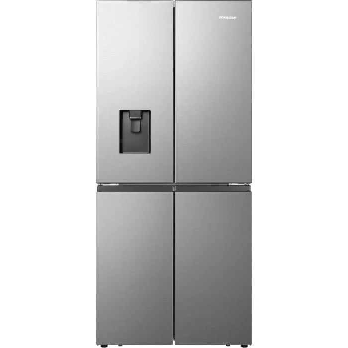 Stainless steel four-door French-door refrigerator with bottom freezer and an external water dispenser on the left door (brand: Hisense).