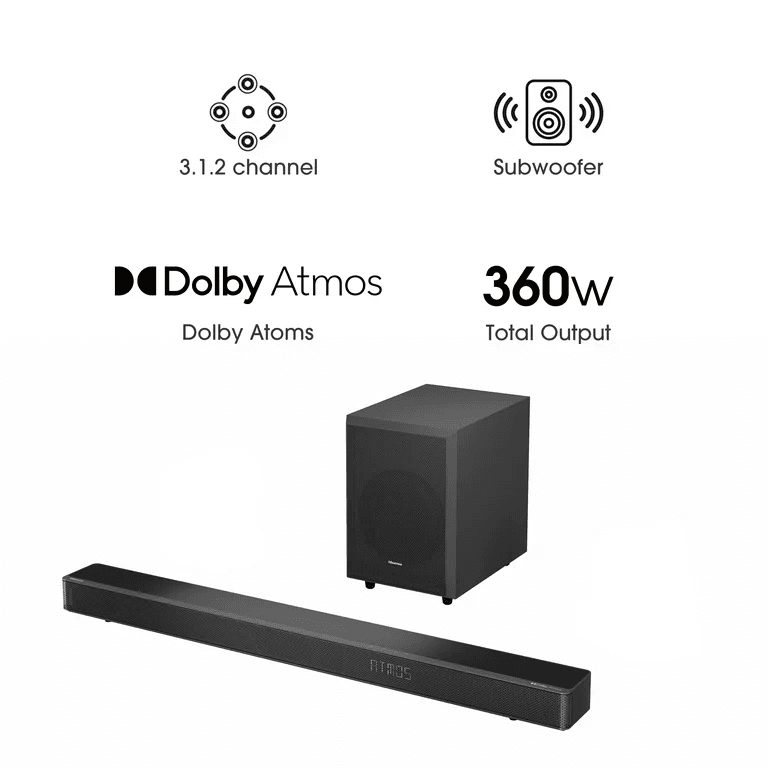 Hisense 360W 3.1.2 Channel Soundbar AX3120 with wireless subwoofer and Dolby Atmos technology delivering powerful and immersive audio in a modern living room setup.