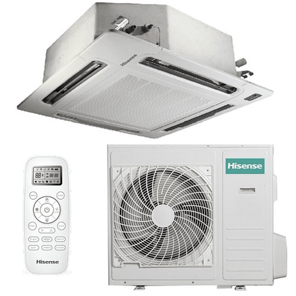 Hisense 24000 BTU Ceiling Cassette Air Conditioner AUC-24HR4SJA/AUW-24H4SF installed in a large commercial space with efficient