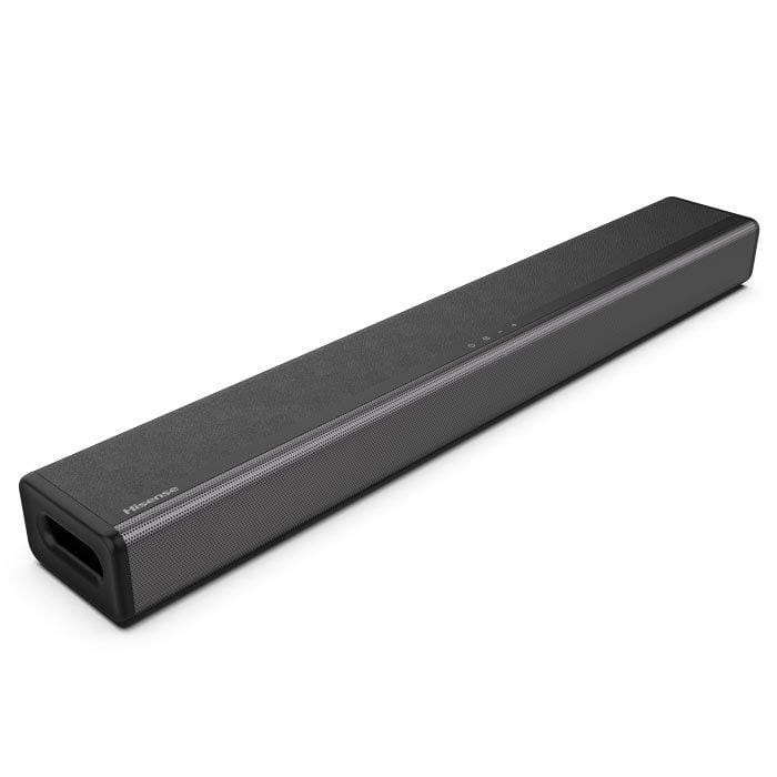 Hisense Soundbar 2.1CH 108W HS214 with built-in subwoofer in a modern living room setup for enhanced audio and powerful bass.