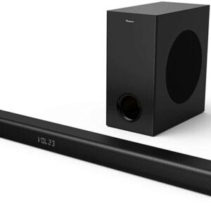 Hisense Soundbar 2.1CH HS218 with 200W power and wireless subwoofer displayed in a modern home entertainment setup.