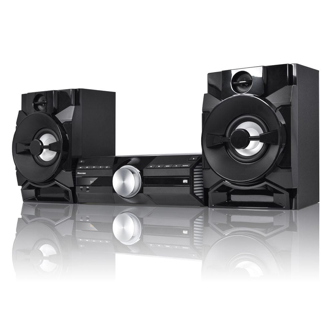 Hisense Mini Hi-Fi 360W HA450M system showing a compact design with Bluetooth connectivity