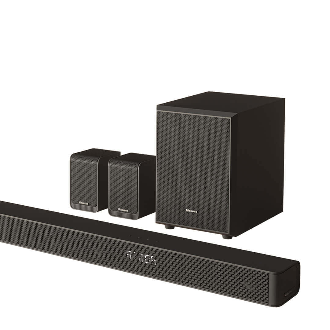 Hisense Soundbar 5.1CH 340W Wireless AX5100G with wireless subwoofer in a modern living room setup for immersive home entertainment.